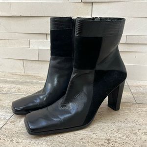 Black Leather Square Toe High Heel Boots Size 6.5